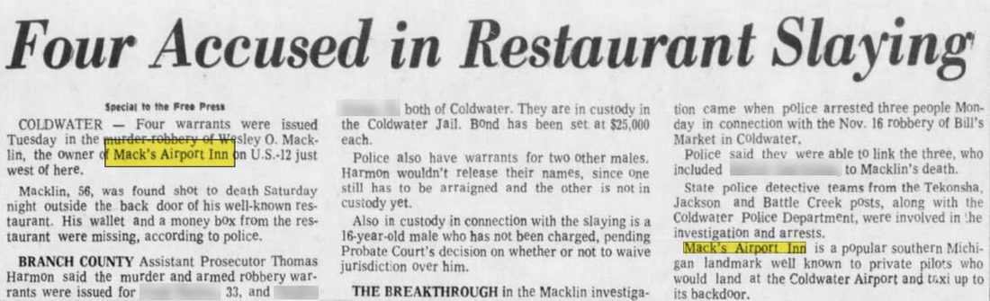 Coldwater Airport Inn - Nov 24 1976 Article On Robbery